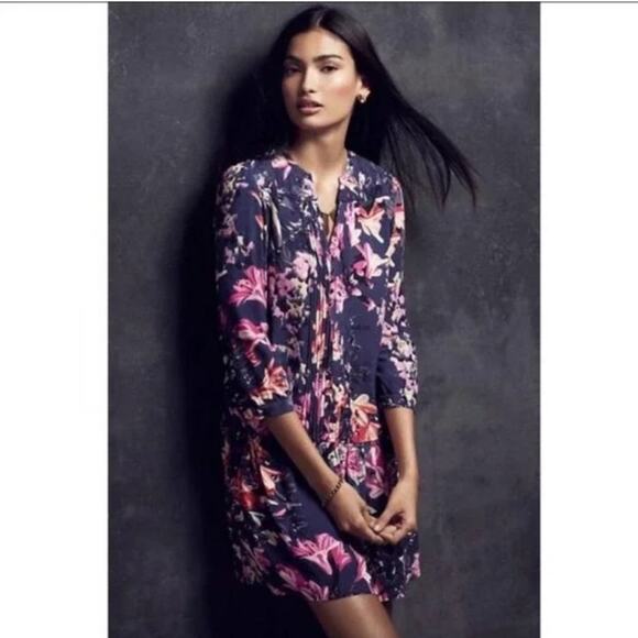 Anthropologie Maeve Caravane Boho Tunic Navy Floral V-Neck Drop Waist Dress - Picture 2 of 10